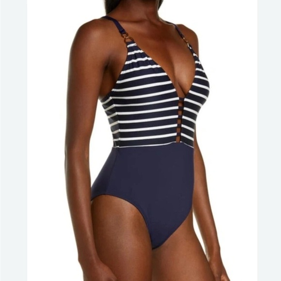 NWT LA BLANCA Capri Stripe Plunge One Piece Size 8 - Picture 2 of 12